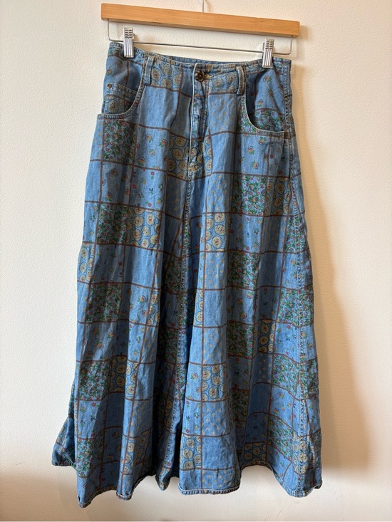 Vintage Dresses & Skirts - Vintage LizSport Boho Patchwork Denim Maxi Skirt - Light Blue Floral